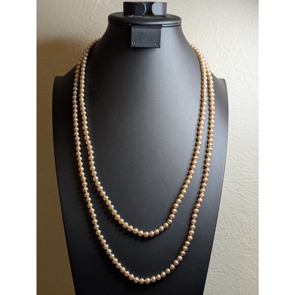 Vintage 58" Long 5-6mm Faux Champagne Pearl Rhinestone Slide In Clasp Necklace - Picture 8 of 9